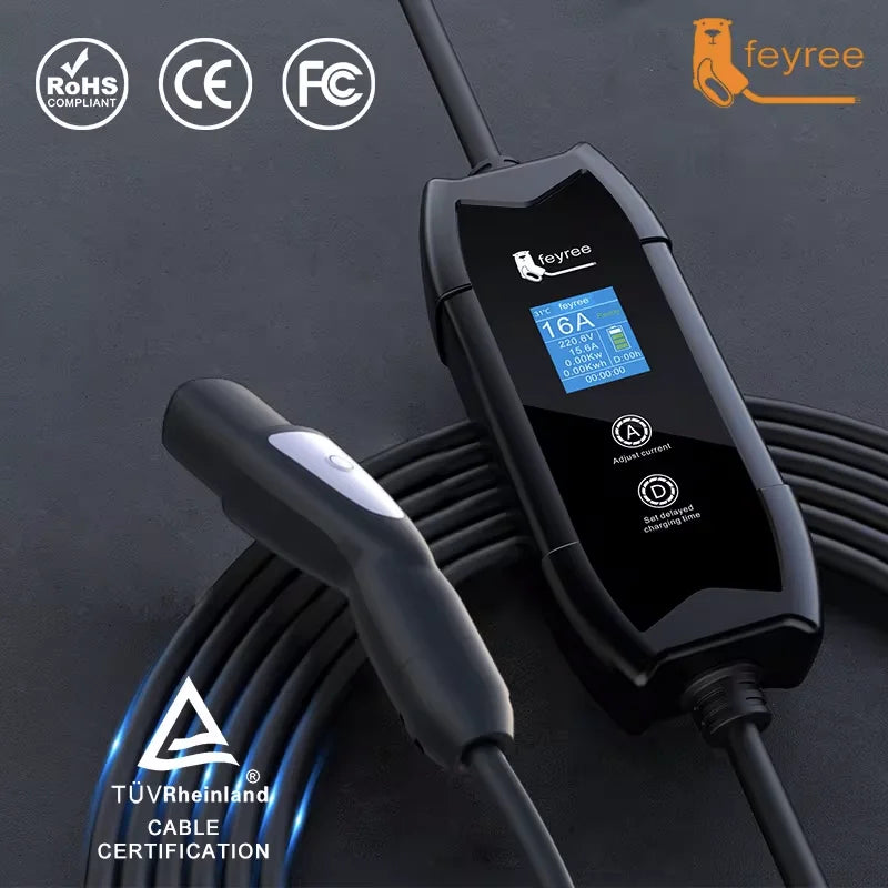 feyree EV Charger Portable 3.5kW TS-NACS Charger Plug 1.8" LCD Screen with Set Delay Schedule Charging Station for Tesla Cars