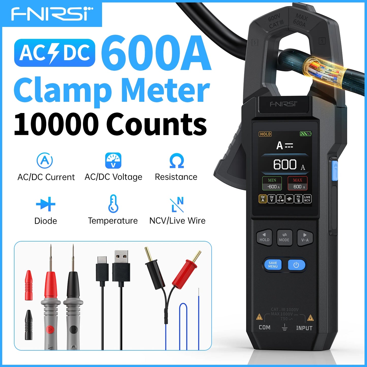 FNIRSI DMC-100 зажимный, 10000 отсчётов, ток AC/DC до 600А, USB зарядка