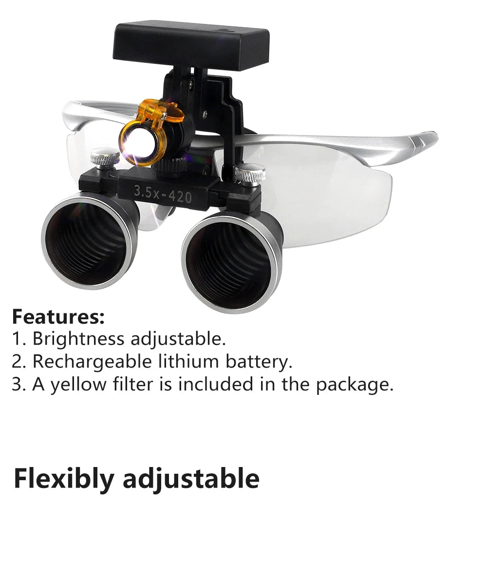 2.5X/3.5X 420mm Dental Loupe Magnifier Binocular Magnifier Surgery Surgical Operation Loupe with Spotlight Head Light 5W LED