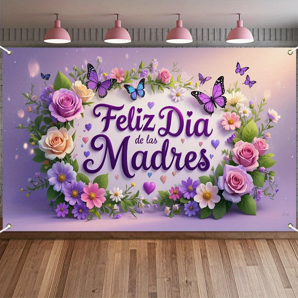 Spanish Mother's Day banner with roses and butterflies - suitable for home, graduation, indoor/outdoor, and holiday occasions