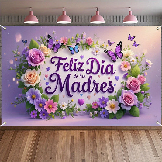 Spanish Mother's Day banner with roses and butterflies - suitable for home, graduation, indoor/outdoor, and holiday occasions