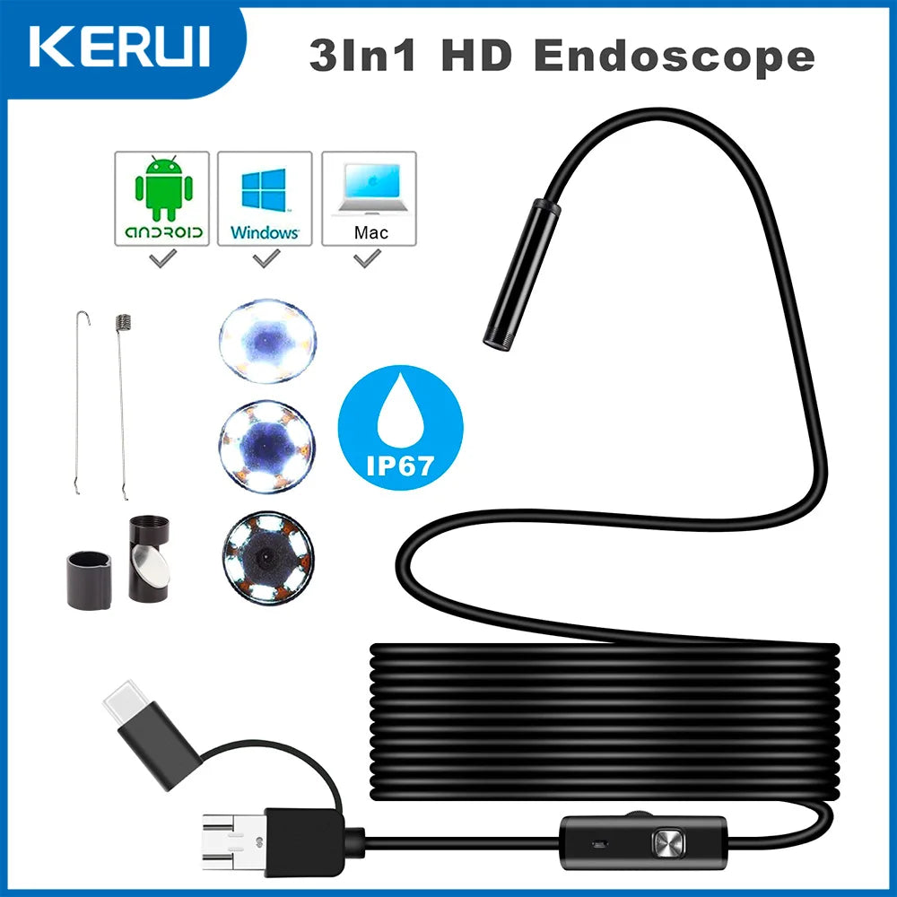 KERUI Industrial Borescope, 3 in 1 Endoscope Camera with 6 LEDs, Type C,IP67 Waterproof, OTG Mini Camera for Pipeline Inspection