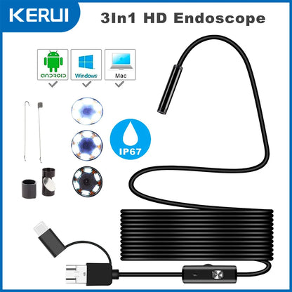 KERUI Industrial Borescope, 3 in 1 Endoscope Camera with 6 LEDs, Type C,IP67 Waterproof, OTG Mini Camera for Pipeline Inspection