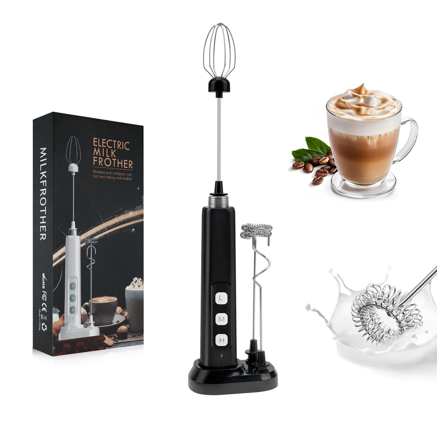 Wireless Rechargeable Electric Milk Frother - 3 Speeds, Handheld Foam Maker for Latte, Cappuccino, Hot Chocolate - USB Rechargea