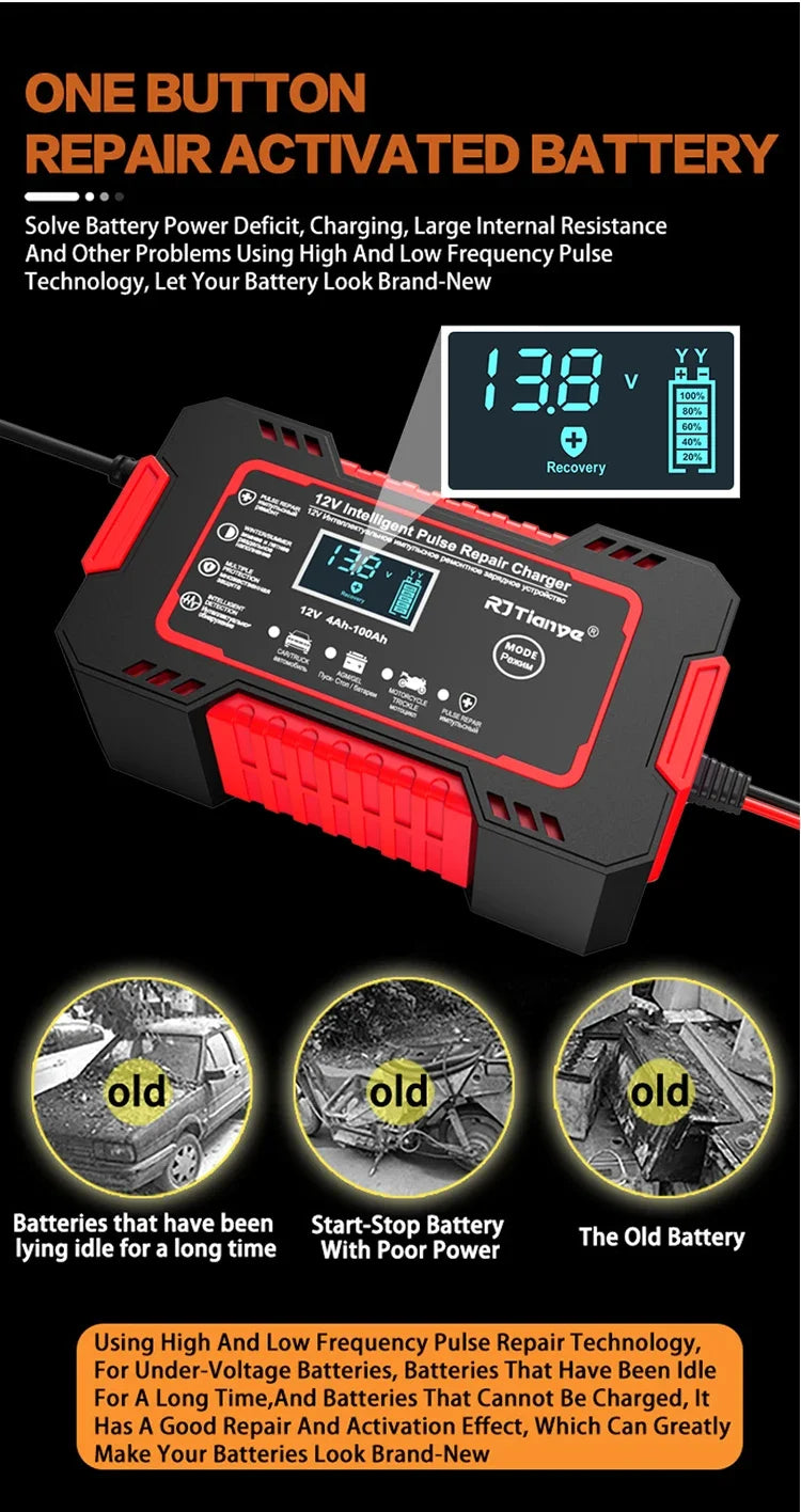 EAFC 12V 6A Full Automatic Car Battery Charger Digital Display Battery Charger Power Puls Repair Chargers Wet Dry Lead Acid