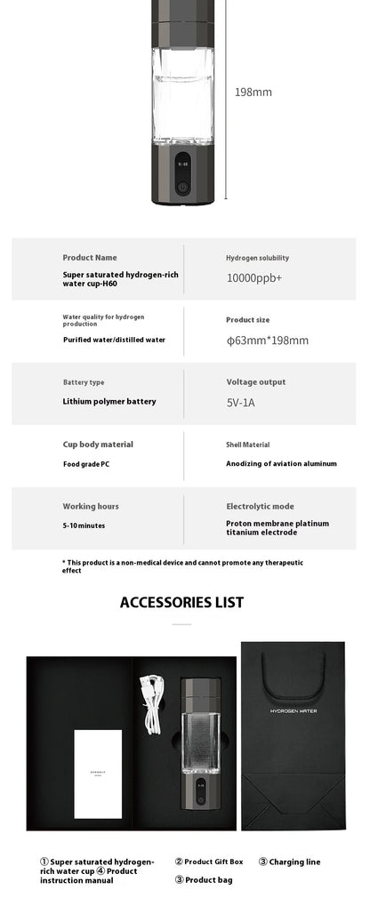 High Quality 6000-8000PPB Hydrogen Rich Water Bottle Cup Portable USB Powered Hydrogen Water Generator for Household Use