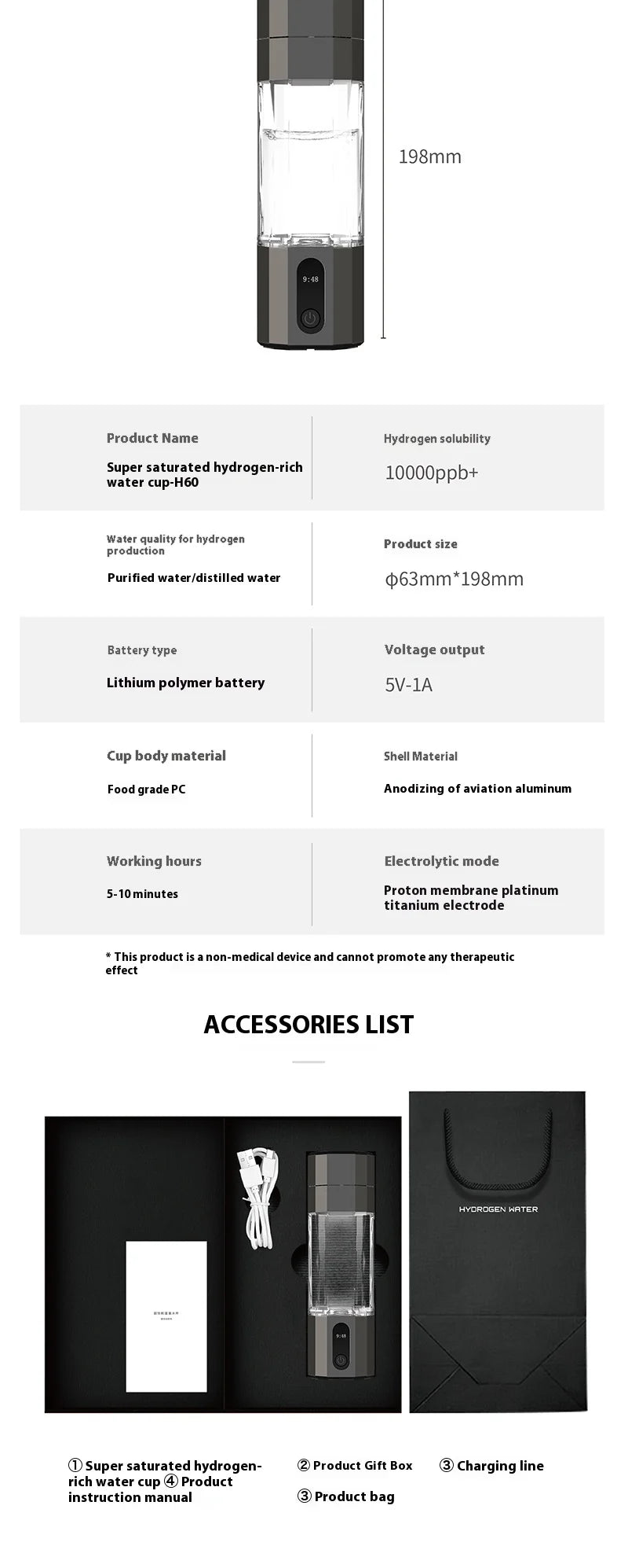 High Quality 6000-8000PPB Hydrogen Rich Water Bottle Cup Portable USB Powered Hydrogen Water Generator for Household Use