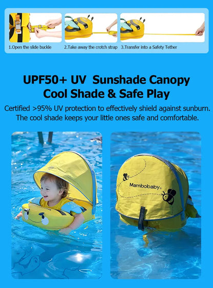Mambobaby Float with Crotch Strap UPF50+ Canopy Air-Free Non-Inflatable Baby Swimming Ring Toddler Pool Float Infant Water Ring