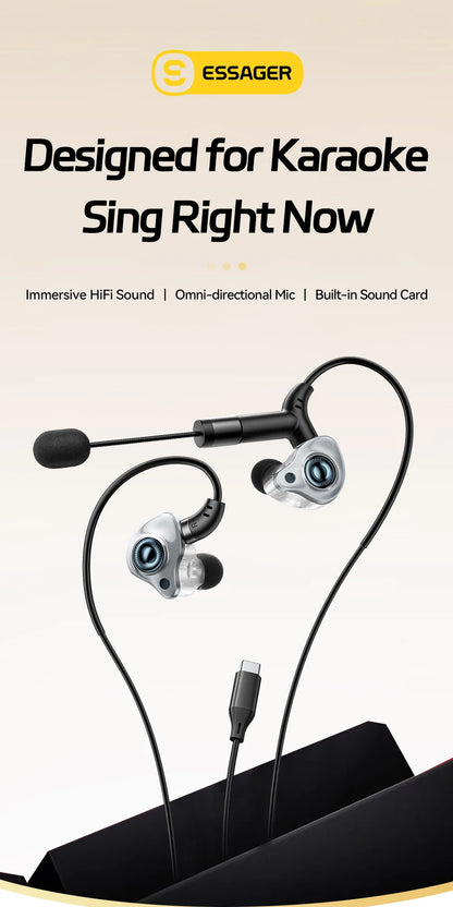 Essager Type-C Karaoke Earphones With Built-in Sound Card HiFi Stereo Music Wired Earbud Headset With Mic for Singing/Live/Game