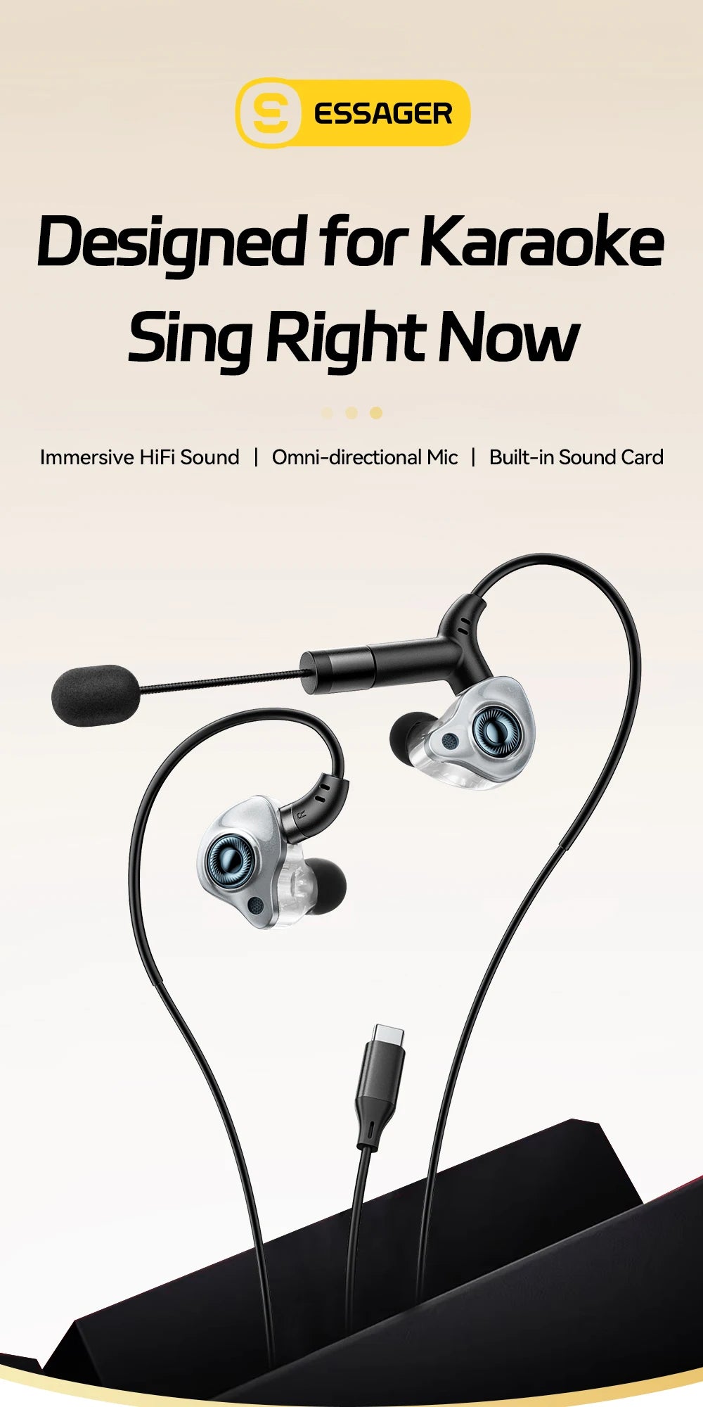 Essager Type-C Karaoke Earphones With Built-in Sound Card HiFi Stereo Music Wired Earbud Headset With Mic for Singing/Live/Game