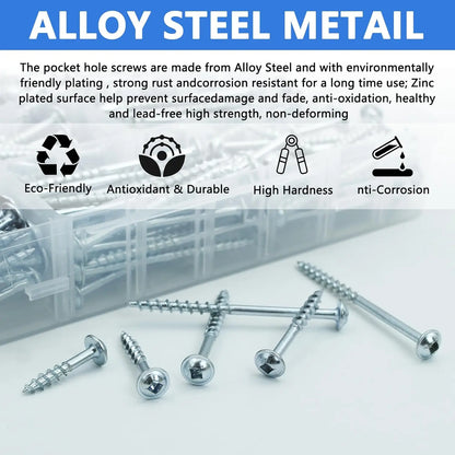 350 PCS Pocket Hole Screws Assortment Kit, 5 Sizes #8 x 1, 1-1/4", 1-1/2", 2", 2-1/2",Square Drive Self Tapping Coarse Thread Wo