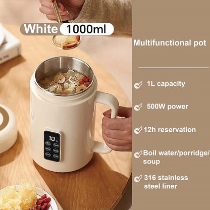 500W Electric Kettle 12h Appointment Porridge Special Pot Portable 304 Stainless Steel Health Cup Multifunctional Rice Cooker 1L