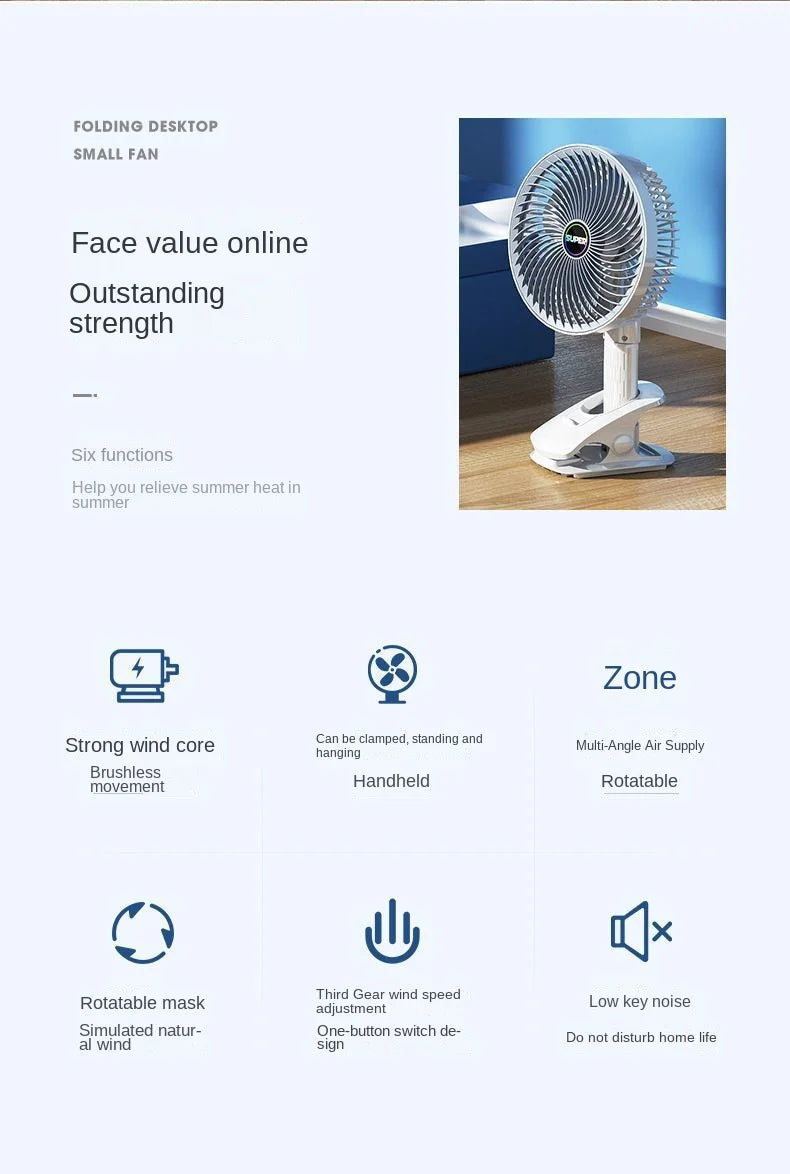 Portable Clip Fan USB Rechargeable 3-gears Wireless Electric Handheld Fan Clip Circulator Cooling Fan For Camping Desktop Office