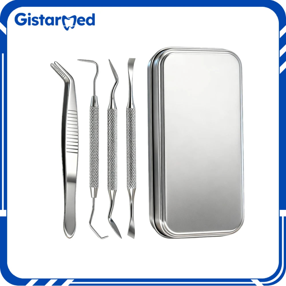 5PCS Mini Dental Oral Care Tool Set Cleaning Calculus Remover Tooth Stains And Tartar Stainless Steel Kit With Box Tweezers