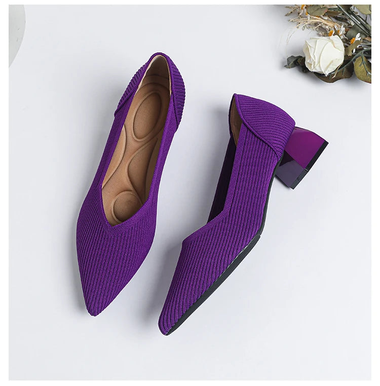 2025 New Women's High Heels Large 42/43 Fashion Pointed Anti slip Rubber Bottom Knitted Breathable Shoes