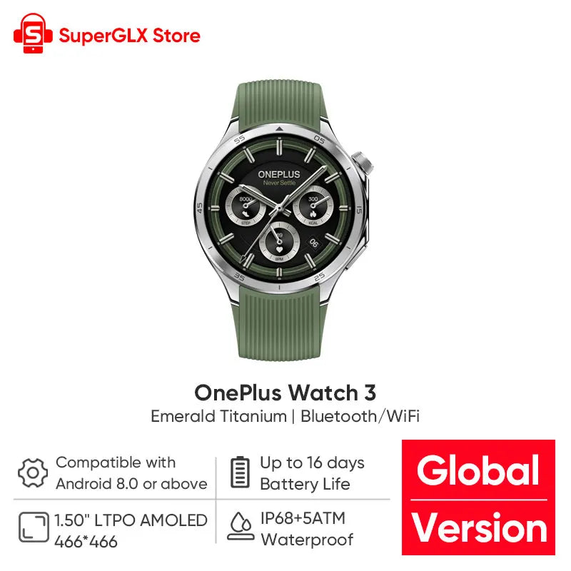 2025 New OnePlus Watch 3 Global Version Smart Watch 1.50 inches AMOLED 32GB Memory Snapdragon W5 Wear OS by Google NFC IP68 5ATM