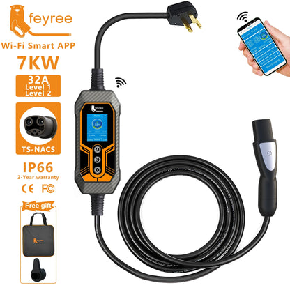 feyree EV Charger Wallbox TS-NACS Socket 32A 7KW 1Phase APP Control EVSE Portable Charging Box for Tesla Cars Models 3/Y/S/X