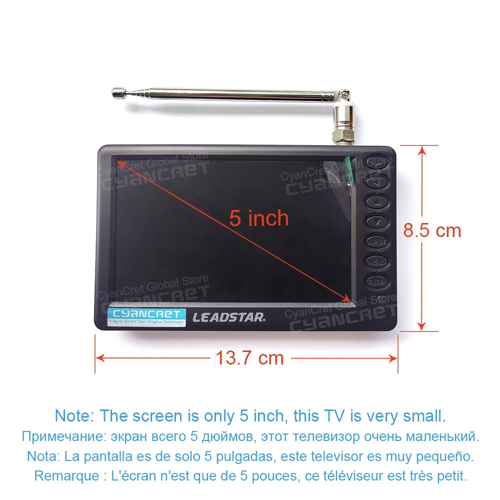LEADSTAR D5 Portable TV Pocket TV 5 Inch DVB-T2 ATSC ISDB-T TDT DTT Digital and Analog Mini Small Car Television Support TF AC3