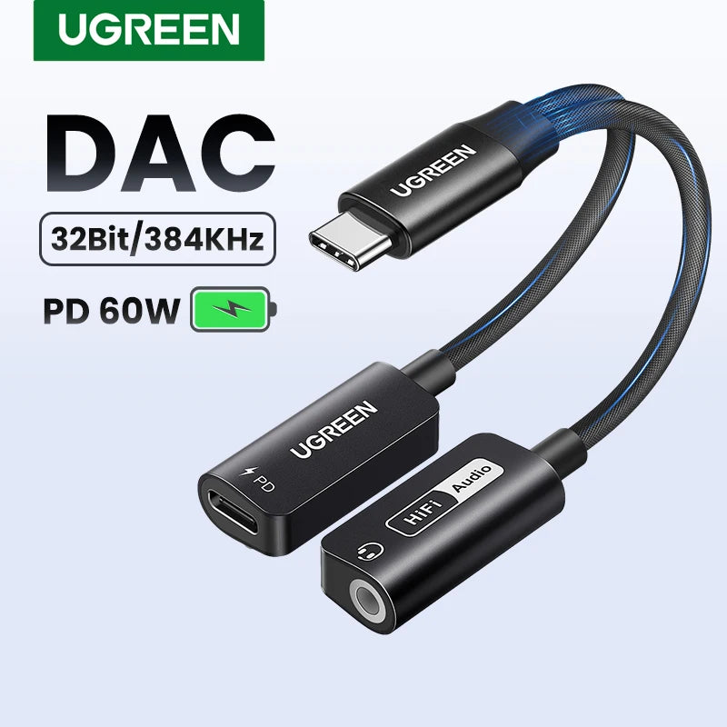 UGREEN USB Sound Card Type C to 3.5mm AUX Cable Adapter Earphone Converter DAC Chip PD QC Charging Sound Card for Headset