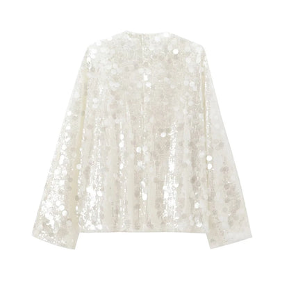 YENKYE New Autumn Women Sequin Kimono Jacket Coat Long Sleeve V Neck Female Casual Loose Outerwear Chic Lady Wrap Outfits