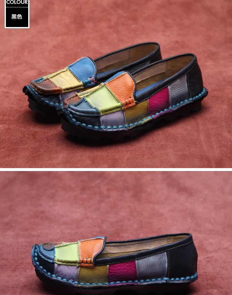 Koznoy 2.5cm Native Flats Shoes Women Natural Cow Genuine Leather Big Size Mixed Color Soft Soled Loafer Ethnic Moccasins Comfy