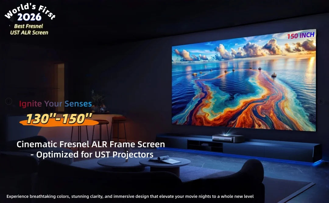 F16UST New Gen Cinema-Pro Fresnel PET ALR Projection Screen for UST Laser Projector Fixed Frame Screen 16:9 8K UHD