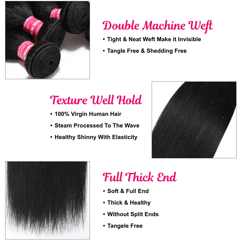 Unice Hair Yaki Straight Hair Bundles 1/3/4 PCS Bundles 100% Human Hair Sew In Quick Weaves Hair Extensions 100G Per Bundle