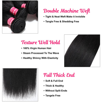 Unice Hair Yaki Straight Hair Bundles 1/3/4 PCS Bundles 100% Human Hair Sew In Quick Weaves Hair Extensions 100G Per Bundle