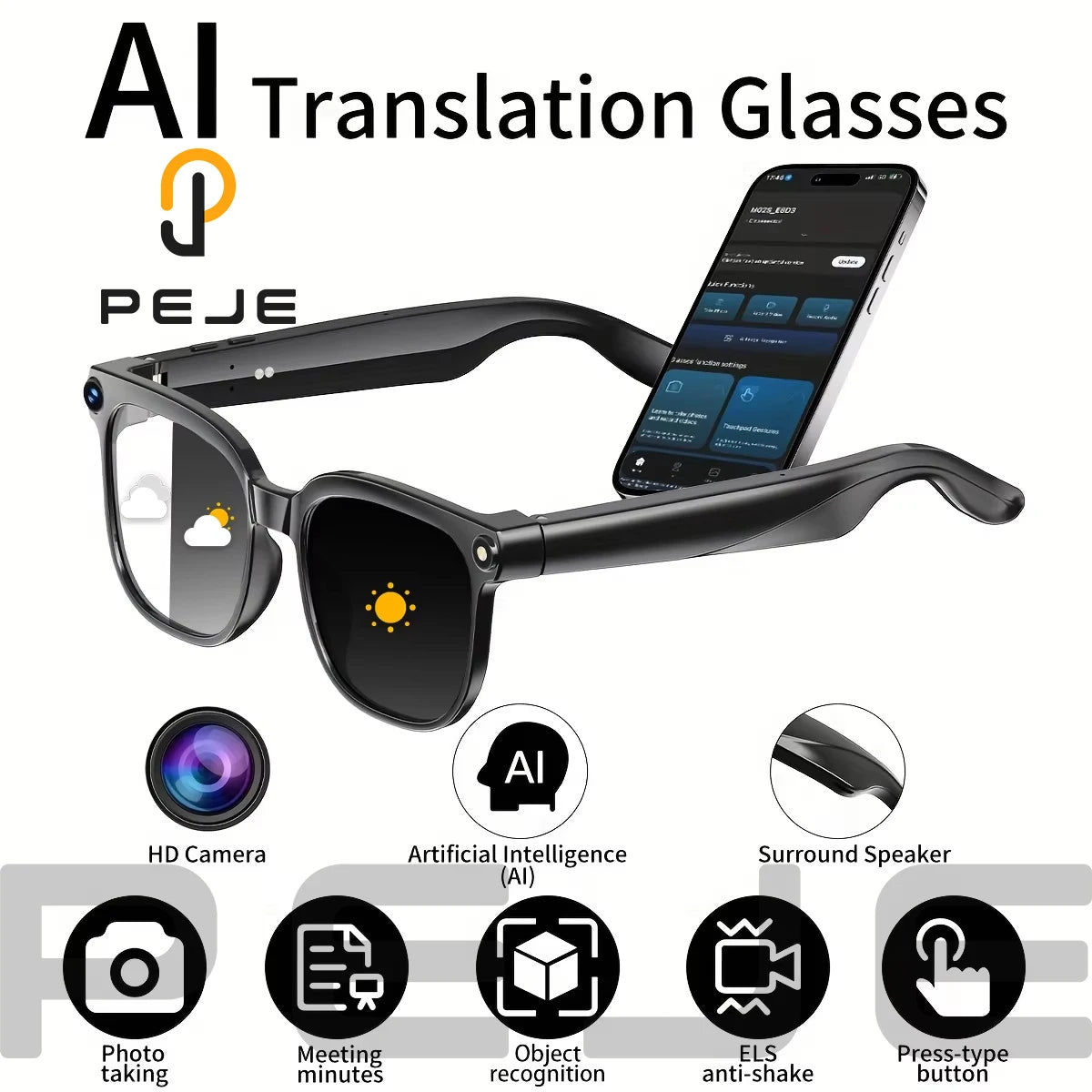 PEJE 2026New 800W Pixel Camera Smart Glasses Men Video Recording AI Photo Recognition Bluetooth Call Voice Translation Sunglasse