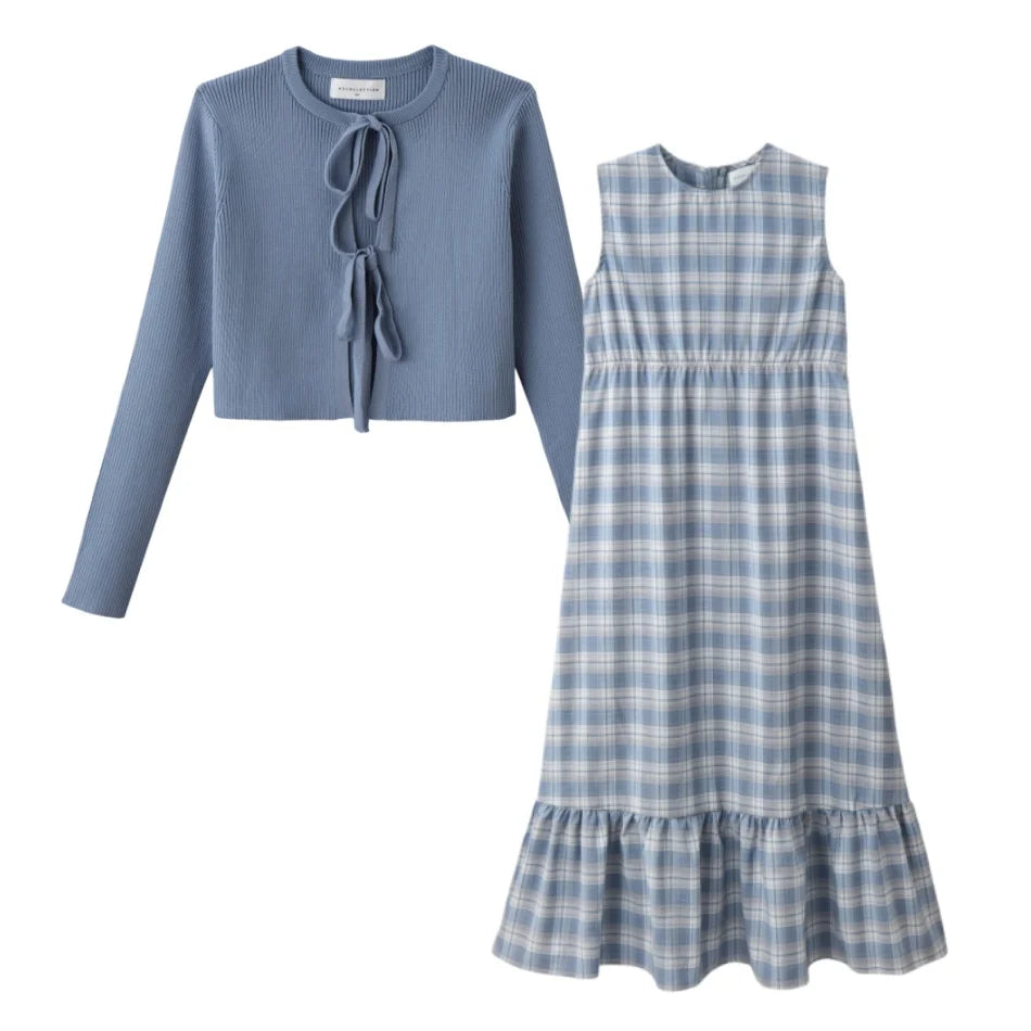 AS  SS26 summer Teen Girls Blue Knitted Cardigan + Plaid Sleeveless Maxi Dress holiday looks