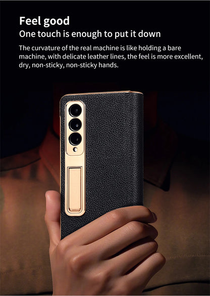 LANGSIDI Leather Case for Samsung Galaxy Z Fold 6 5 4 3 Fold6 Fold5 Gold Plating Magnetic Hinge Stand Cover with Mirror Film