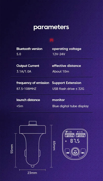 XIKCU LED MP3 Bluetooth FM Audio Receiver Hands-Free Bluetooth 5.0 Transmitter 2.1A 3.1A QC3.0 Type C Dual USB Car kit Charger