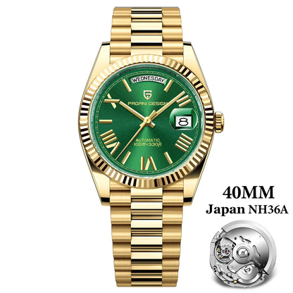 PAGANI DESIGN 2025 New Gold Green 40MM Date Week Men's Watches Automatic Watch Men AR Sapphire Glass NH36A Mechanical Wristwatch