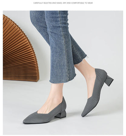 2025 New Women's High Heels Large 42/43 Fashion Pointed Anti slip Rubber Bottom Knitted Breathable Shoes