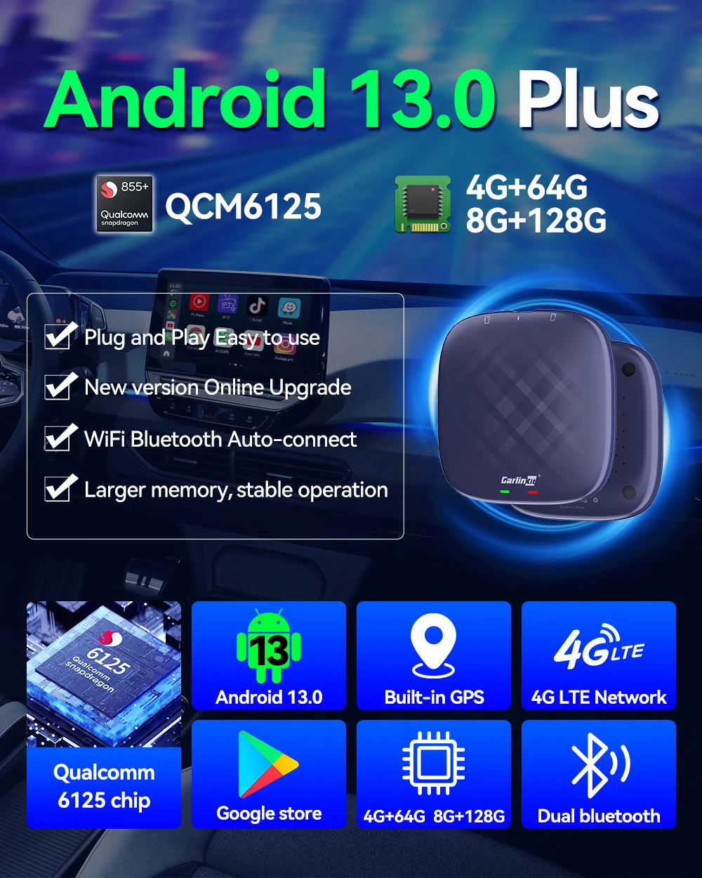 Android 13 CarlinKit Android Auto Wireless CarPlay AI TV Box QCM6125 8-Core Split Screen 64G 128G For Netflix YouTube Play Store