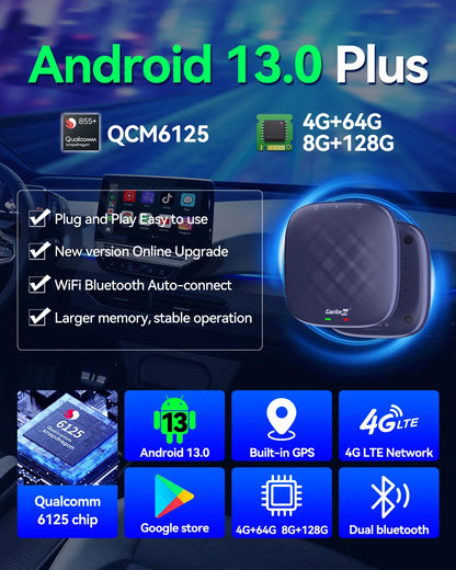 Android 13 CarlinKit Android Auto Wireless CarPlay AI TV Box QCM6125 8-Core Split Screen 64G 128G For Netflix YouTube Play Store