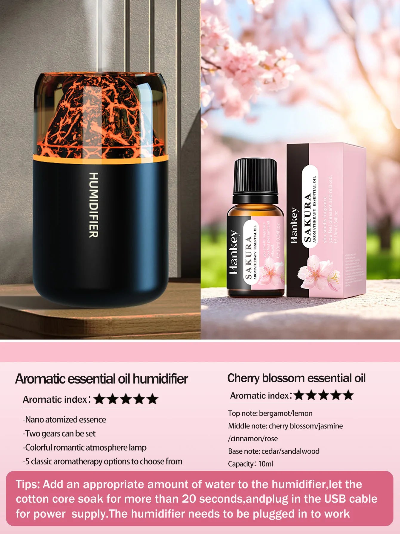 The simulated volcanic color lamp humidifier USB aromatherapy diffuser is suitable for use in cars, homes, bedrooms, as a gift,