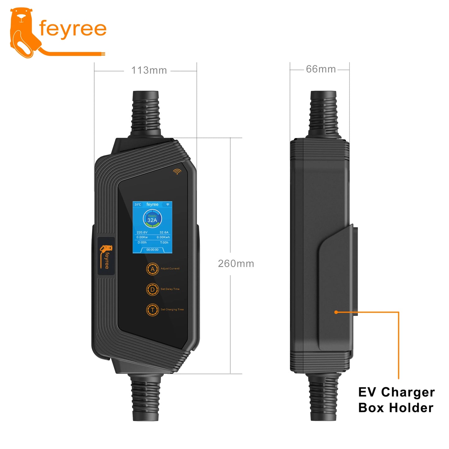 feyree Type1 Portable EV Charger 7KW 32A 1Phase J1772 Socket with 5m Cable Smart APP WIFI Control Version for Electric Vehicle