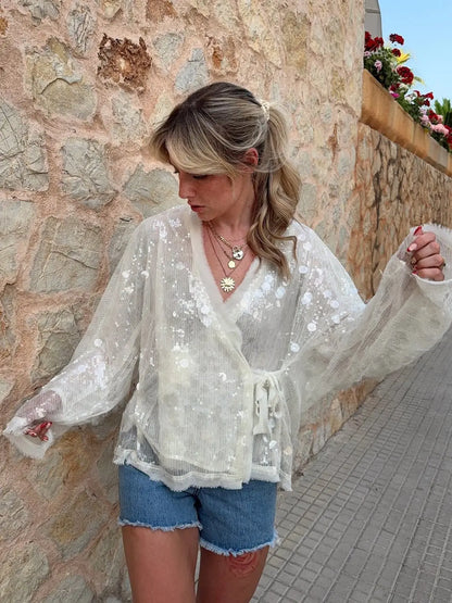 YENKYE New Autumn Women Sequin Kimono Jacket Coat Long Sleeve V Neck Female Casual Loose Outerwear Chic Lady Wrap Outfits