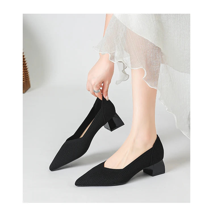 2025 New Women's High Heels Large 42/43 Fashion Pointed Anti slip Rubber Bottom Knitted Breathable Shoes