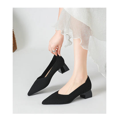 2025 New Women's High Heels Large 42/43 Fashion Pointed Anti slip Rubber Bottom Knitted Breathable Shoes