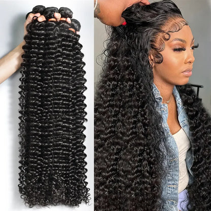 Deep Curly Wave Human Hair 3/4  Bundles Deal Malaysian Hair Weaves 100% Virgin Rew Human Hair Extensions Double Weft Wholeasle