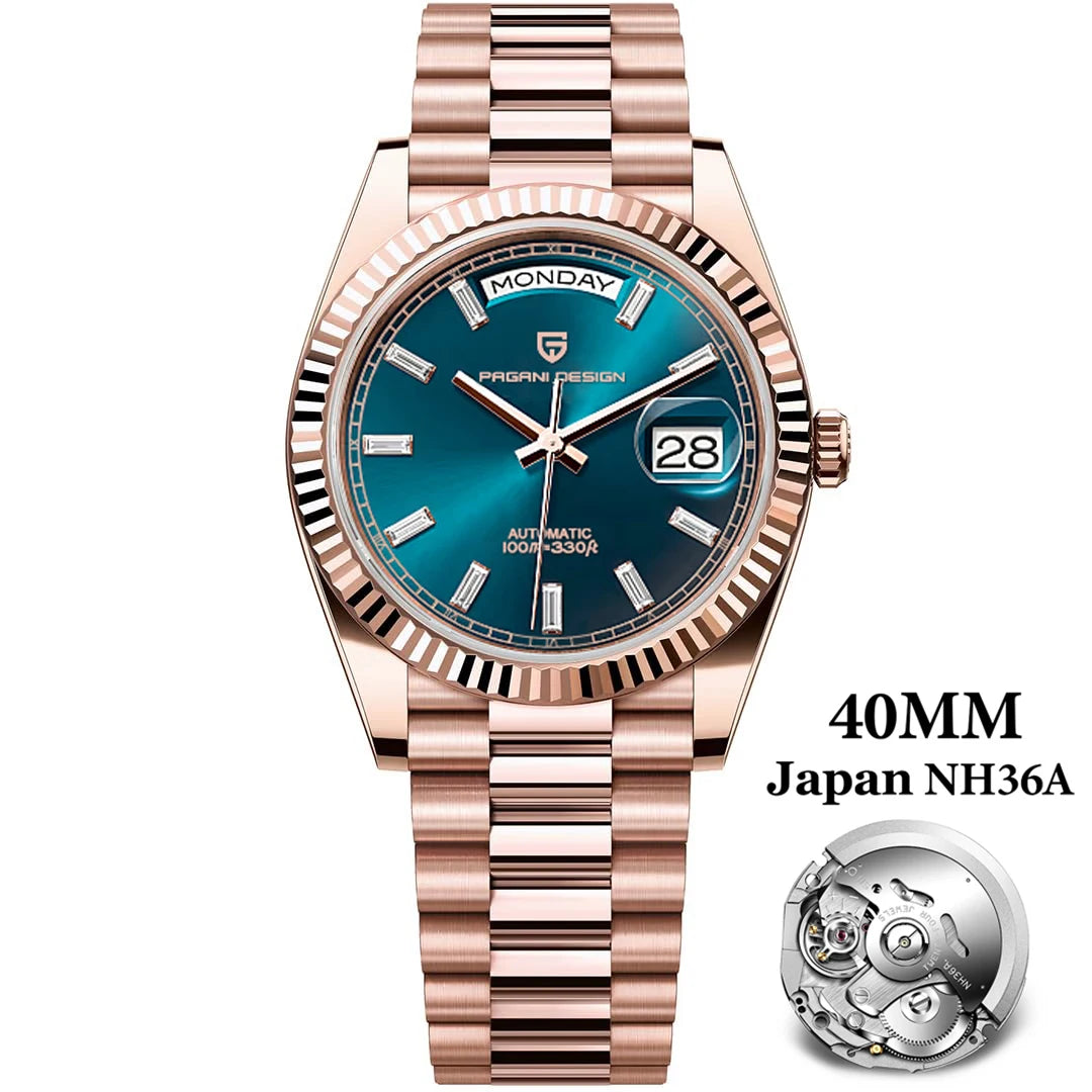 PAGANI DESIGN 2025 New Gold Green 40MM Date Week Men's Watches Automatic Watch Men AR Sapphire Glass NH36A Mechanical Wristwatch
