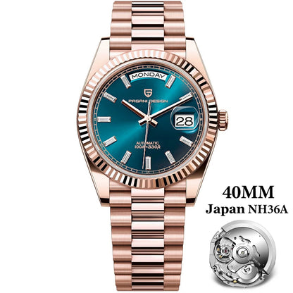 PAGANI DESIGN 2025 New Gold Green 40MM Date Week Men's Watches Automatic Watch Men AR Sapphire Glass NH36A Mechanical Wristwatch