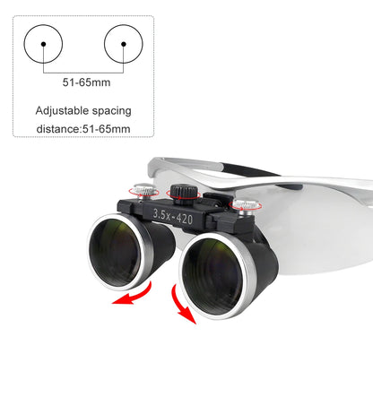 2.5X/3.5X 420mm Dental Loupe Magnifier Binocular Magnifier Surgery Surgical Operation Loupe with Spotlight Head Light 5W LED