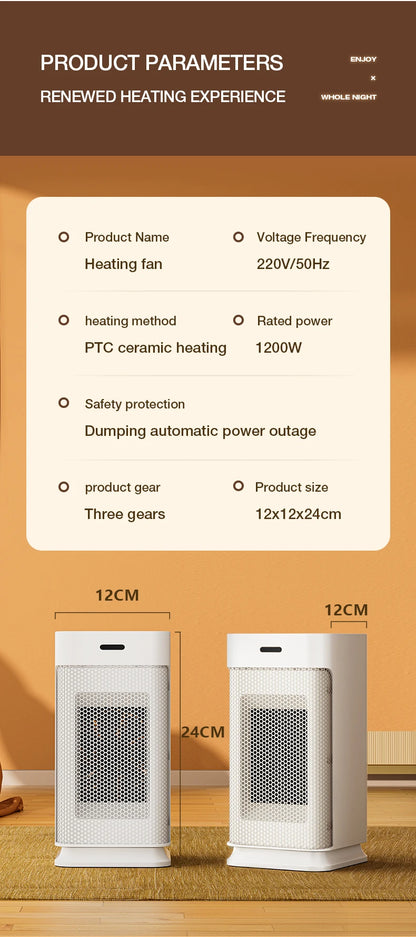 Portable PTC ceramic electric heater with multi-stage adjustment, silent, small household fan and night light heater.