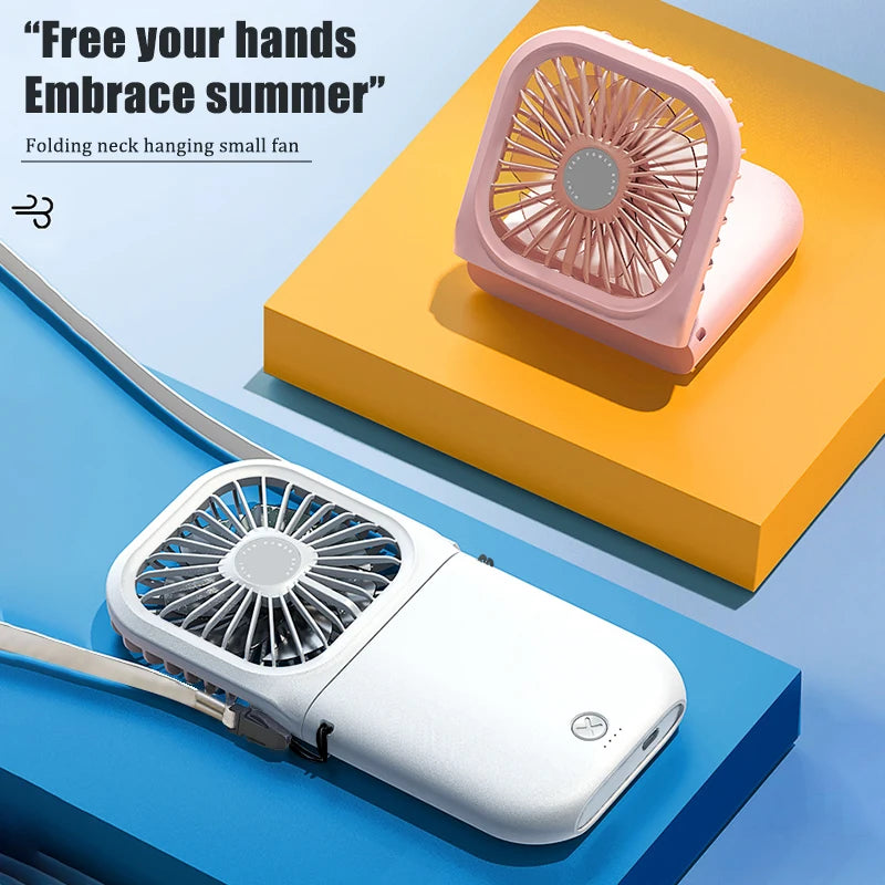 Handheld small fan, outdoor mini folding fan, USB charging portable neck hanging fan, desktop stand small fan