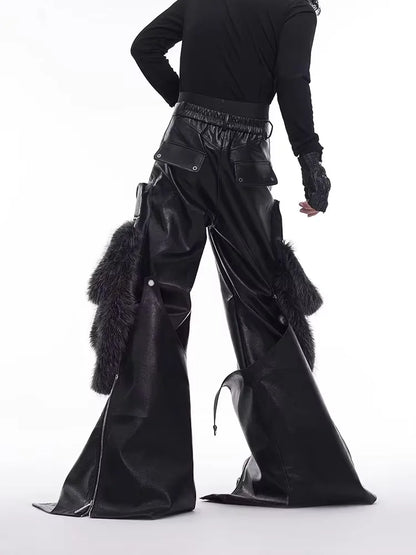 Mauroicardi Spring Autumn Cool Long Baggy Black Pu Leather Wide Leg Cargo Pants Men Luxury Mens Designer Clothes Streetwear 2025