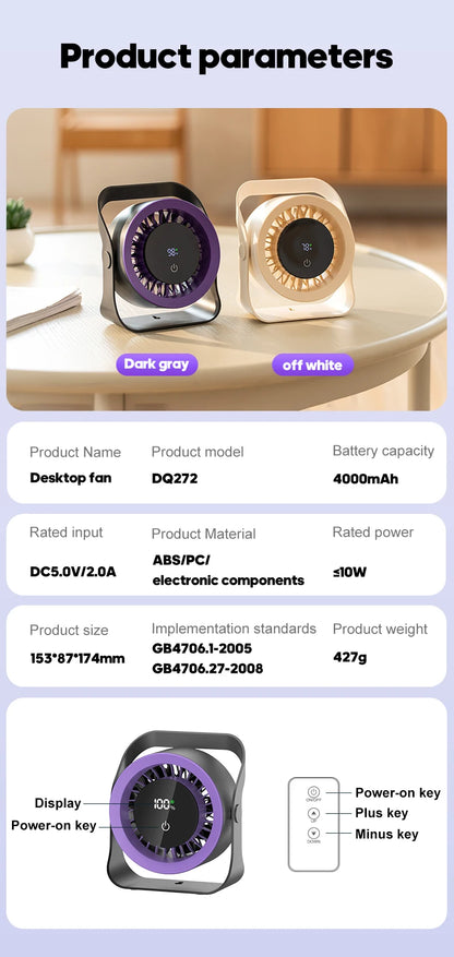 4000mAh Outdoor Desktop Fan Angle Adjustable 100 Speeds Wall Mount Portable Fan With Remote Control and Touch Screen Cooling Fan