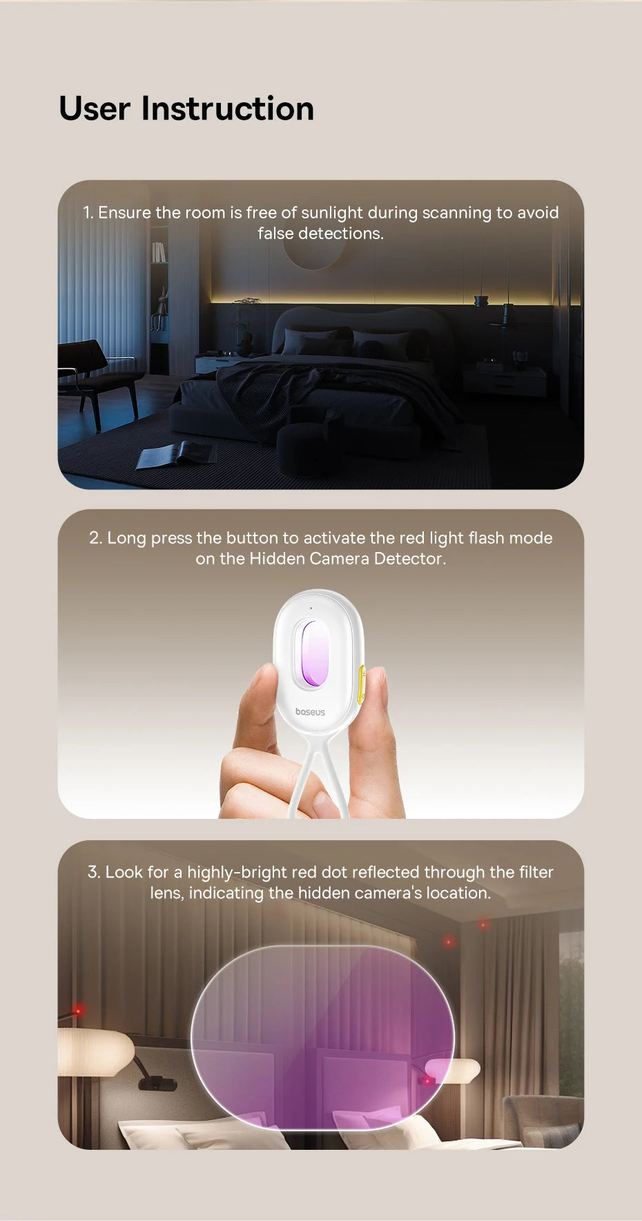 【New】Baseus Camera Detector Intelligent Hidden Camera Signal Gadget Security Alarm Anti Spy Candid Peeping Protection Detector